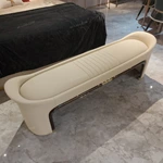 Elegant Beige Leather Bed Bench with Natural Wood Veneer & Gold Accents